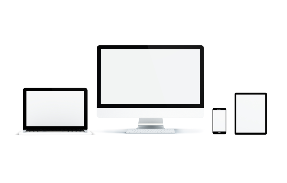 Grafik Laptop, PC, Smartphone und Tablet mit leeren Bildschirmen