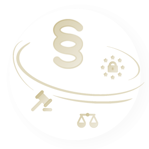 Icons Paragraph, Schloss, Waage und Richterhammer als Symbole für Datenschutz.