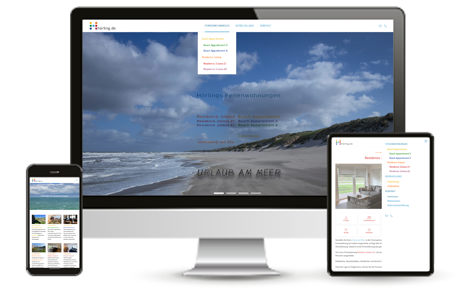 Website PC, Tablet und Handy mit einheitlichem Layout im Corporate Design.