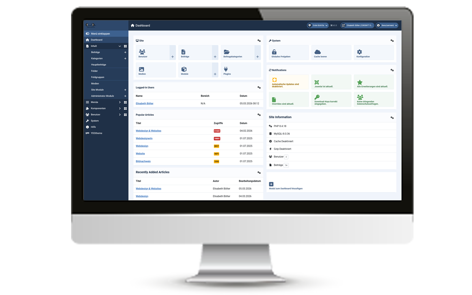 Screenshot Joomla! 6 Backend der Website boelter.ruhr.