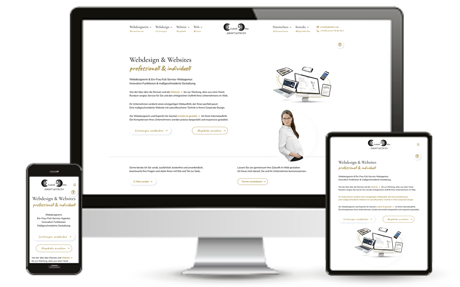 Screenshots Responsive Website Elisabeth Bölter | ZUKUNFT GESTALTEN auf Handy, PC und Tablet.