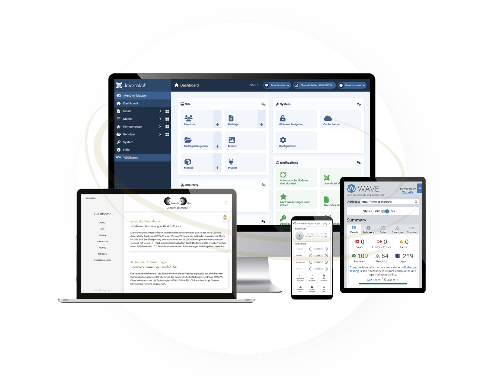 Joomla! Backend, YOOtheme Editor und fehlerfreier WAVE Test der Website boelter.ruhr.