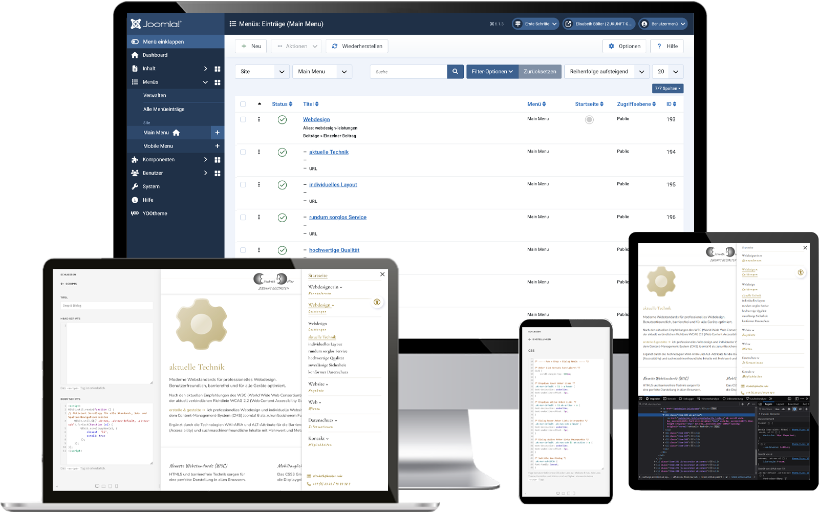 Blick in das Joomla-Backend und den YOOtheme Pro Builder mit CSS und HTML Code.
