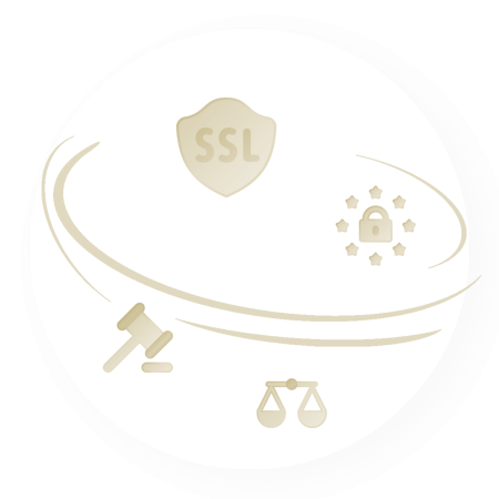 Icons Schild mit SSL, Schloss, Waage und Richterhammer als Symbole für Impressum.