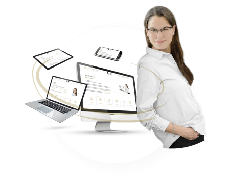 Elisabeth Bölter neben Responsive Webdesign Beispielen auf PC, Laptop, Tablet und Smartphone.