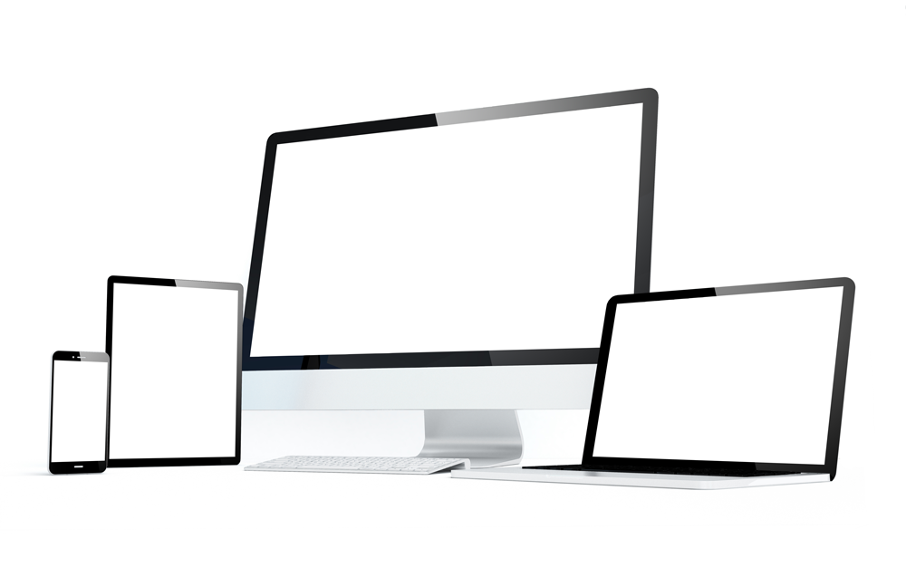 Grafik Smartphone, Tablet, PC und Laptop mit leeren Bildschirmen